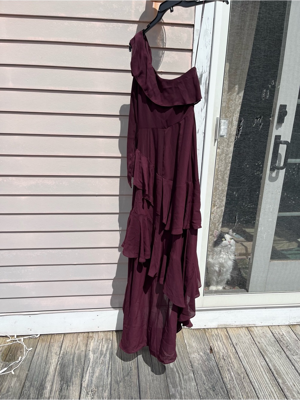 One-Shoulder Wine Ruffle Midi Dress - Picture 6 of 7